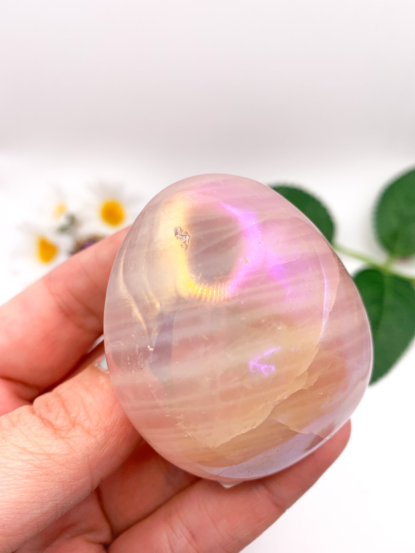 Aura Rose Quartz Palm Stone - Crystal Love Treasures