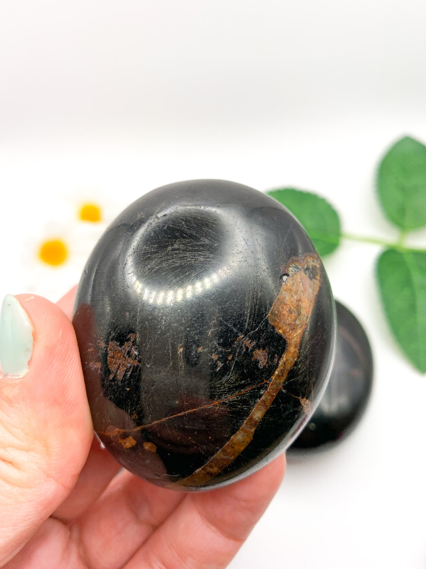 Black Tourmaline Palm Stone (with Hematite) - Crystal Love Treasures