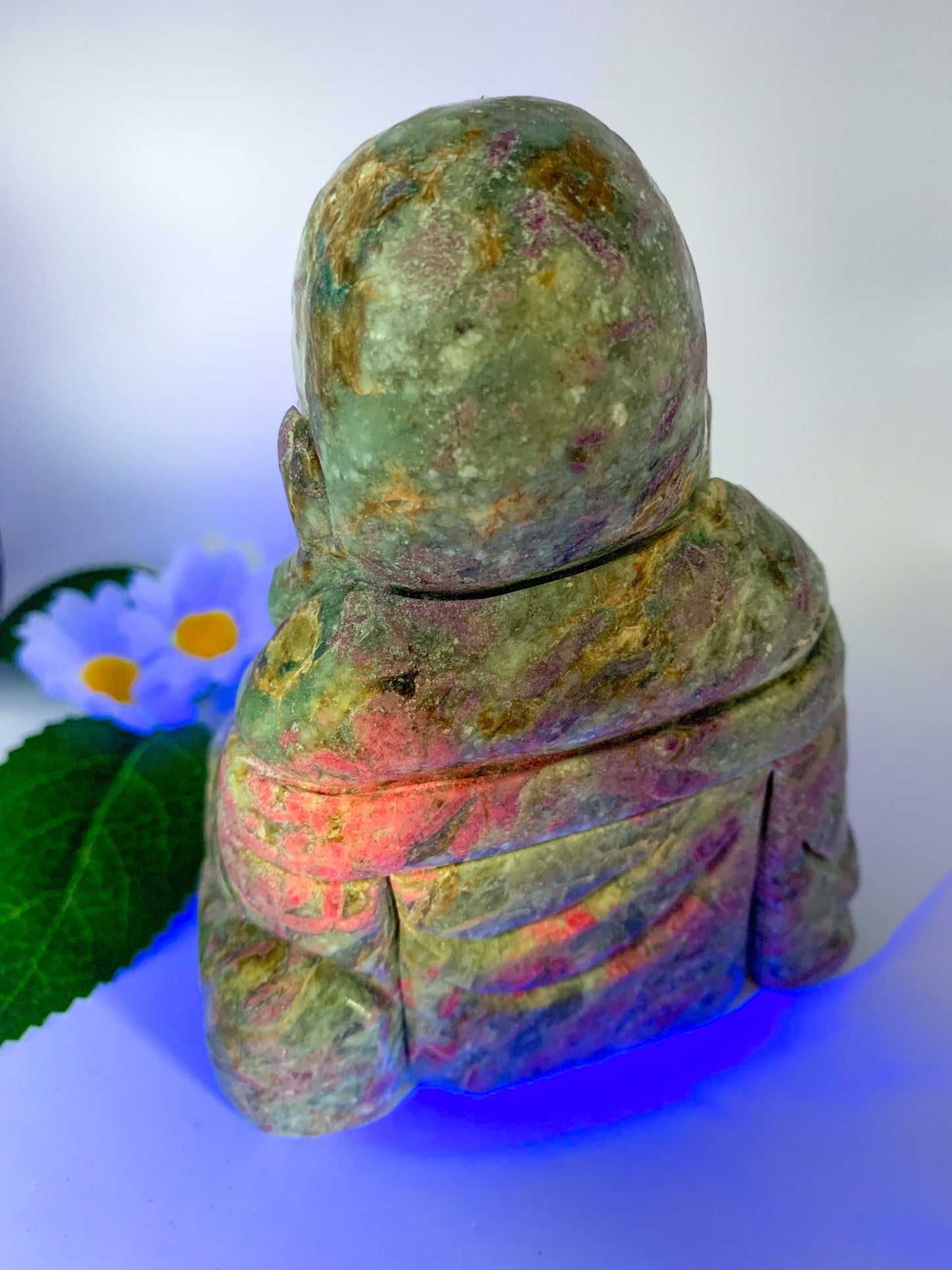 Ruby Kyanite Crystal Laughing Buddha Carving (Hand-carved UV Reactive) - Crystal Love Treasures