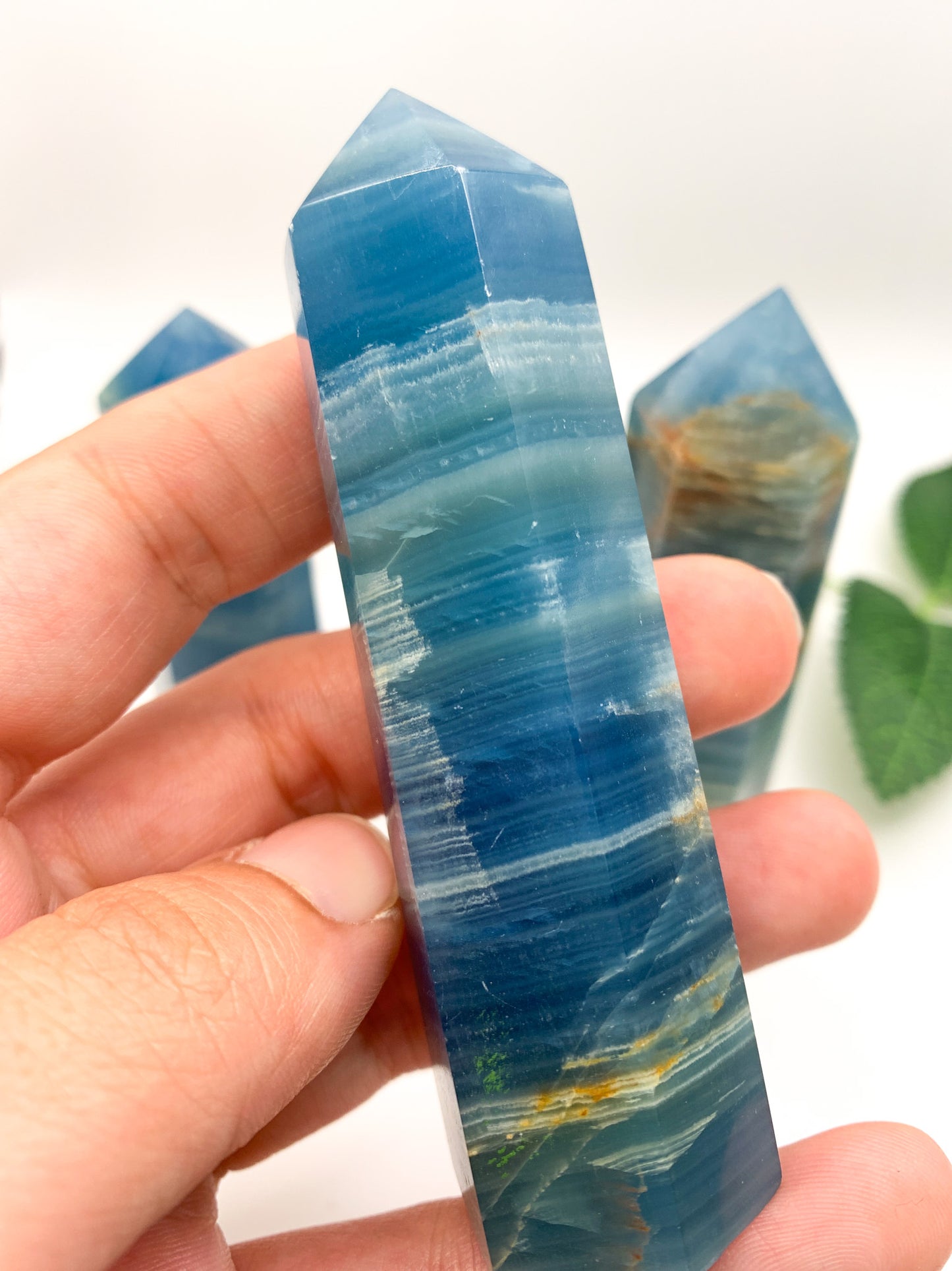 Lemurian Aquatine Calcite Tower/ Argentinian Blue Onyx (Rare) - Crystal Love Treasures