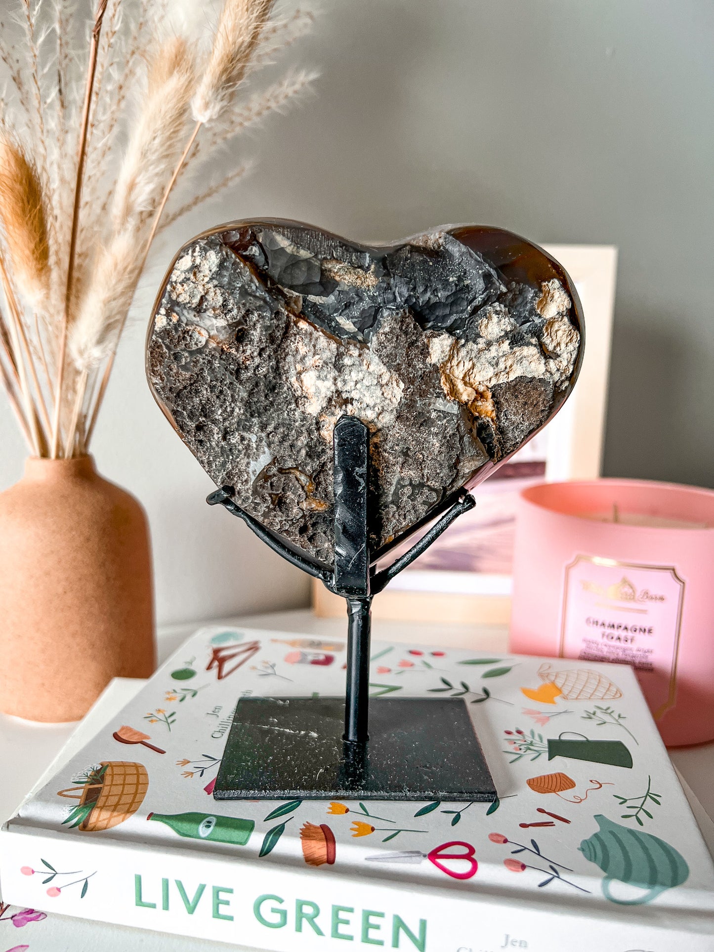 Druzy Carnelian Agate Heart with Custom Stand