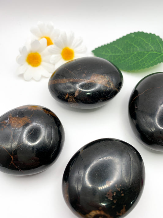 Black Tourmaline Palm Stone (with Hematite) - Crystal Love Treasures