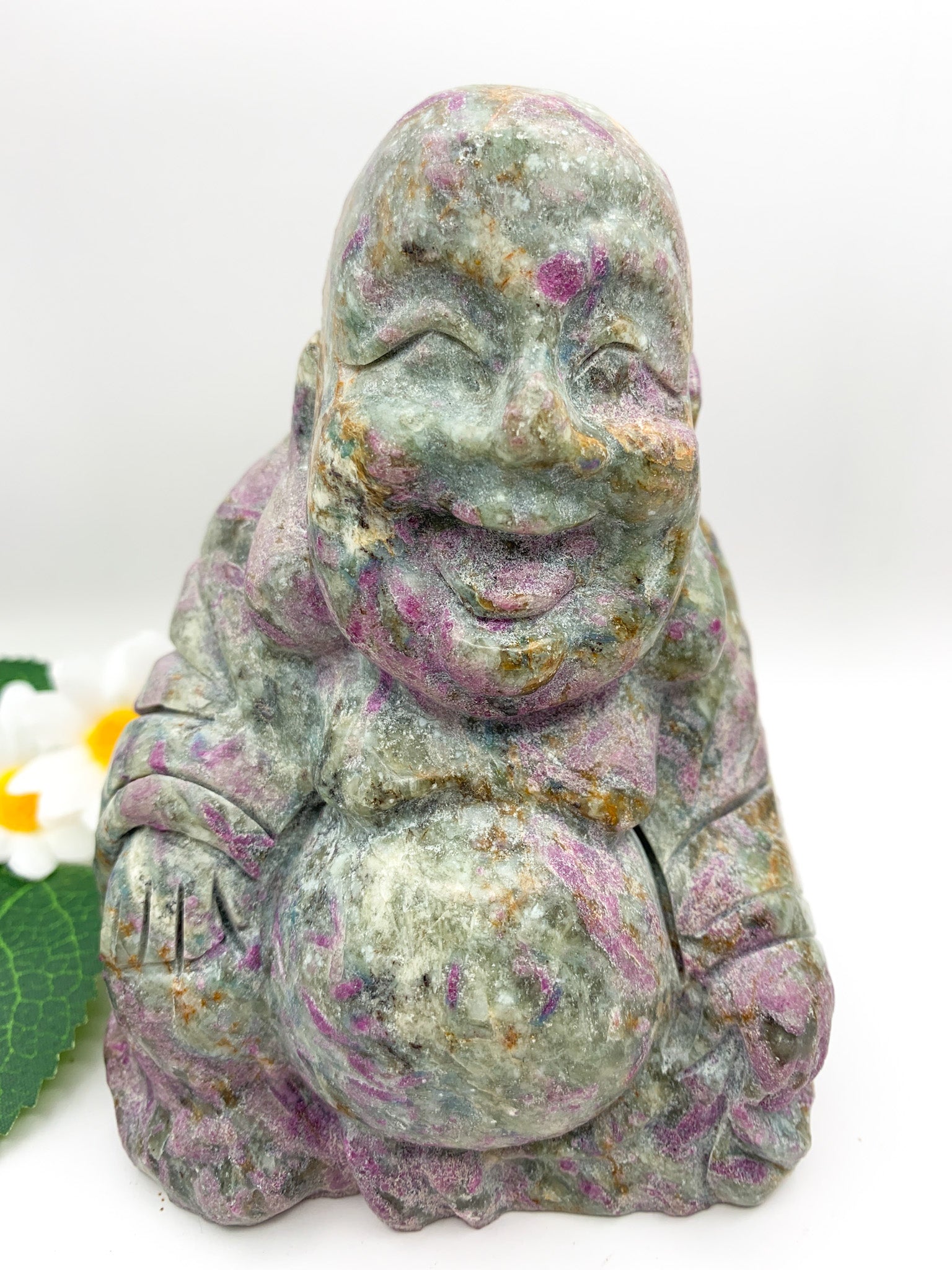 Ruby Kyanite Crystal Laughing Buddha Carving (Hand-carved UV Reactive) - Crystal Love Treasures