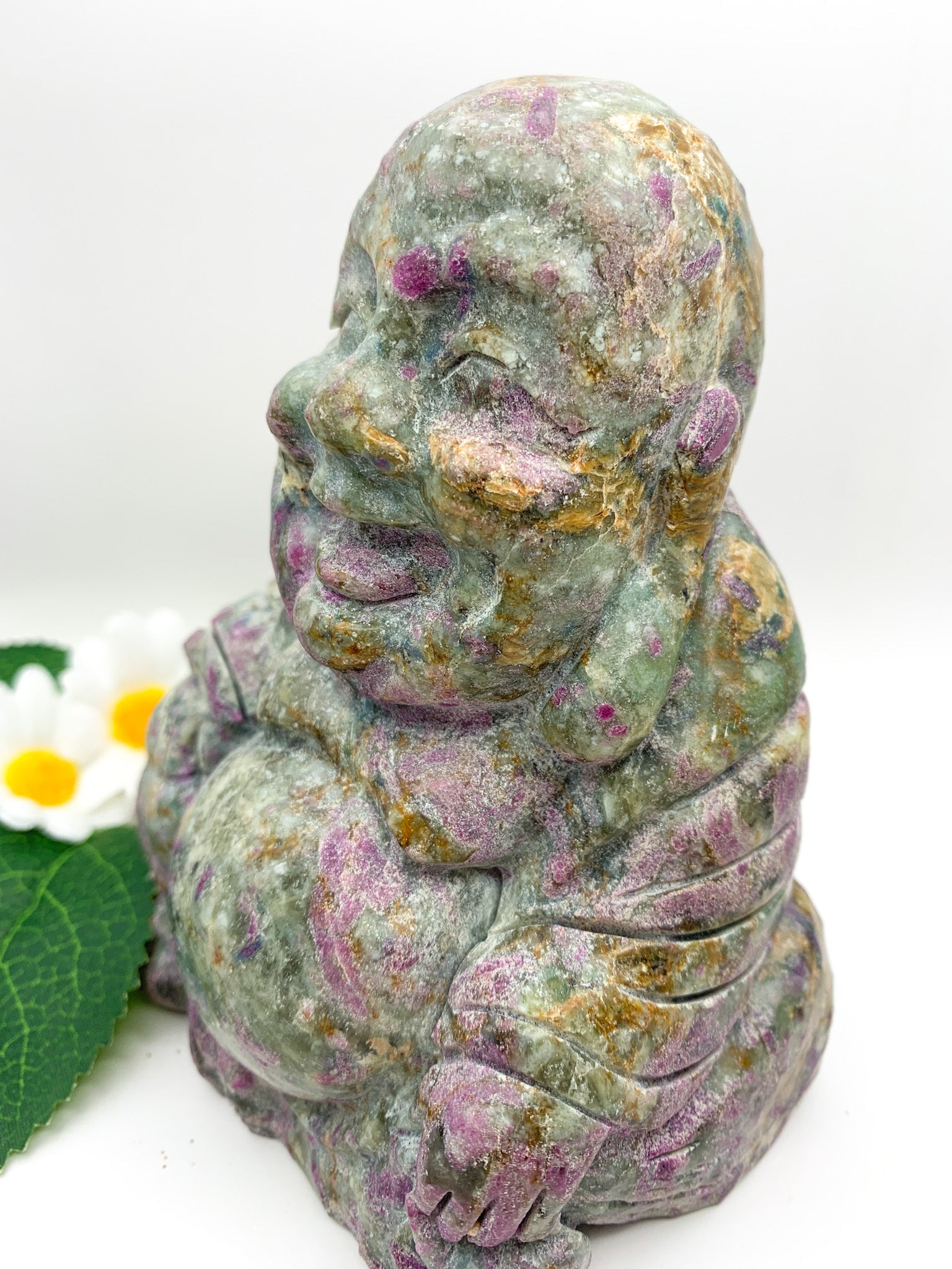 Ruby Kyanite Crystal Laughing Buddha Carving (Hand-carved UV Reactive) - Crystal Love Treasures