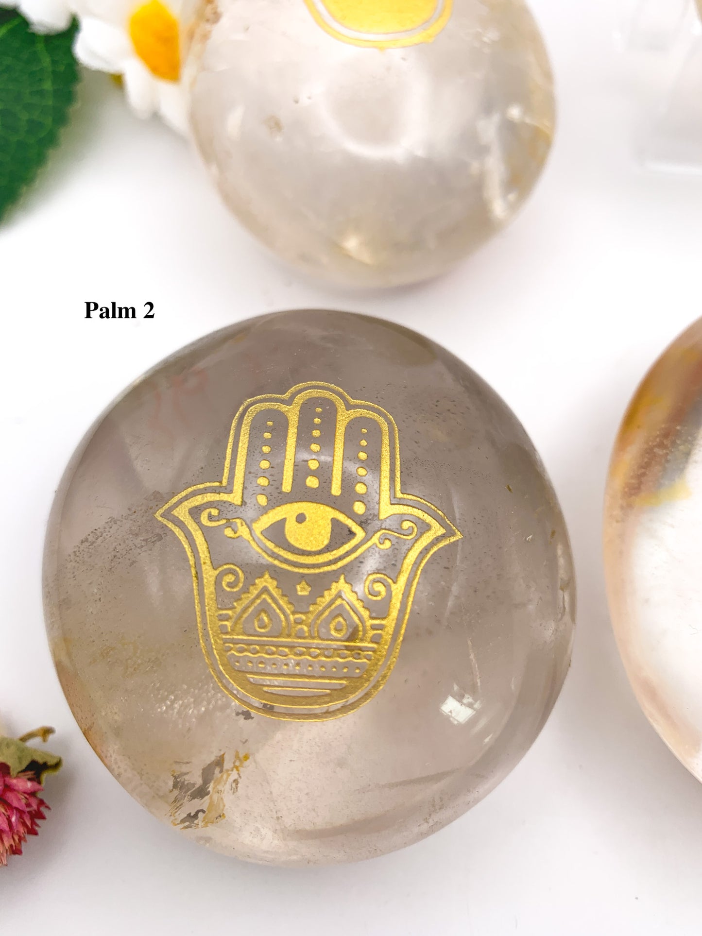 Hamsa Hand Etched Clear Quartz with Golden Healer Palm Stone - Crystal Love Treasures