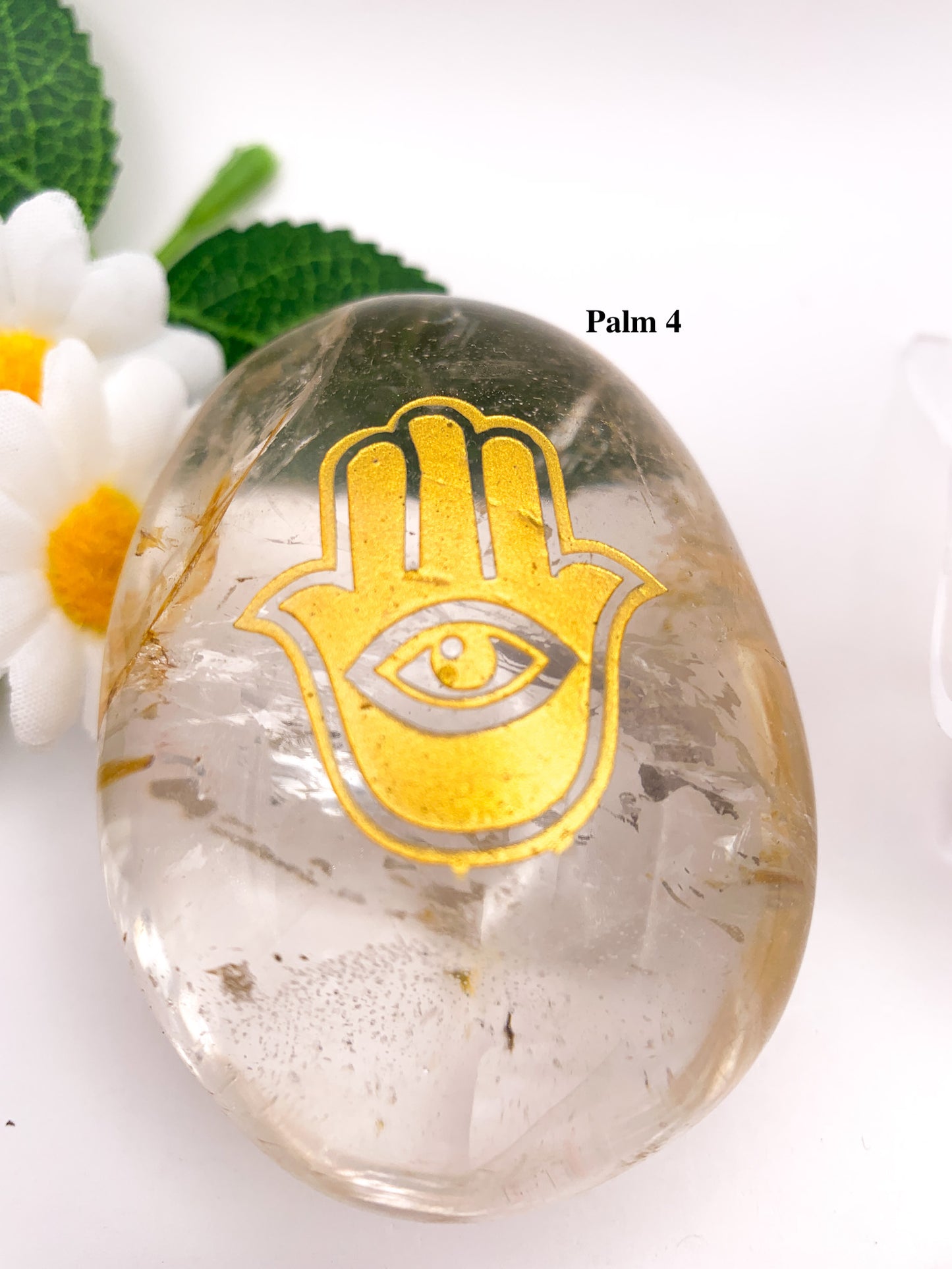 Hamsa Hand Etched Clear Quartz with Golden Healer Palm Stone - Crystal Love Treasures