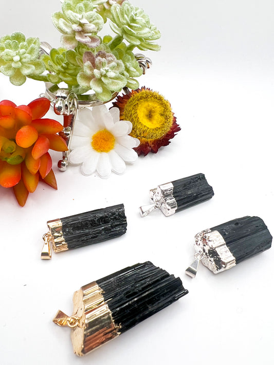 Electroplated Gold/Silver Black Tourmaline Pendant - Crystal Love Treasures