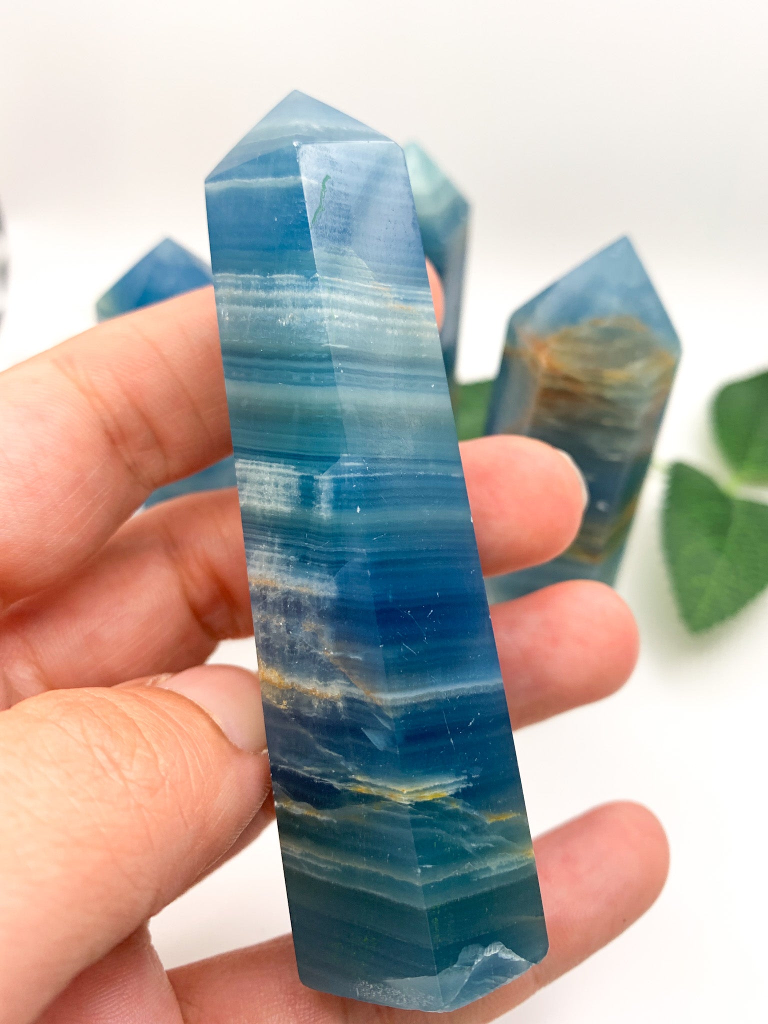 Lemurian Aquatine Calcite Tower/ Argentinian Blue Onyx (Rare) - Crystal Love Treasures