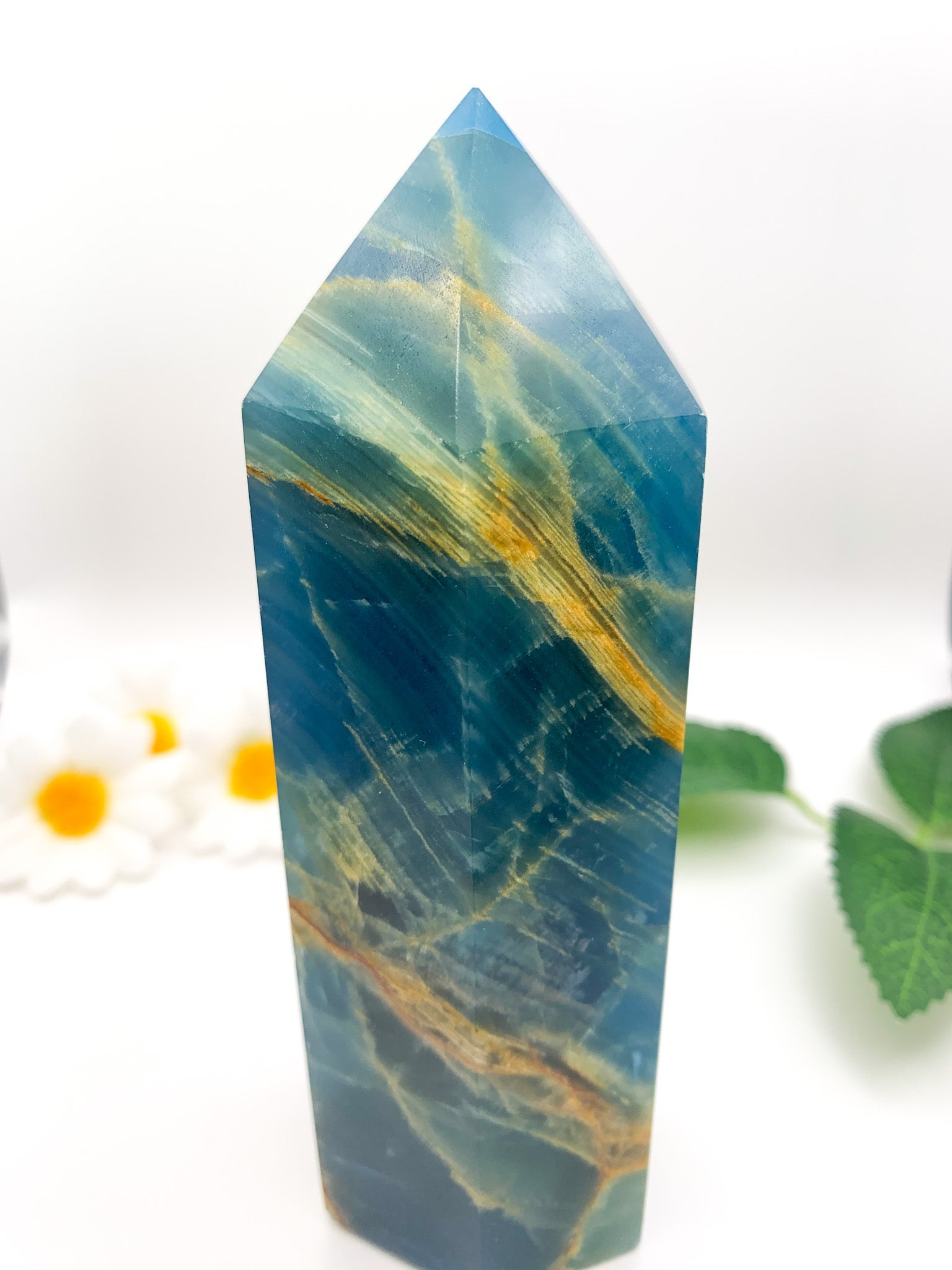 Lemurian Aquatine Calcite Tower/ Argentinian Blue Onyx (Rare) - Crystal Love Treasures
