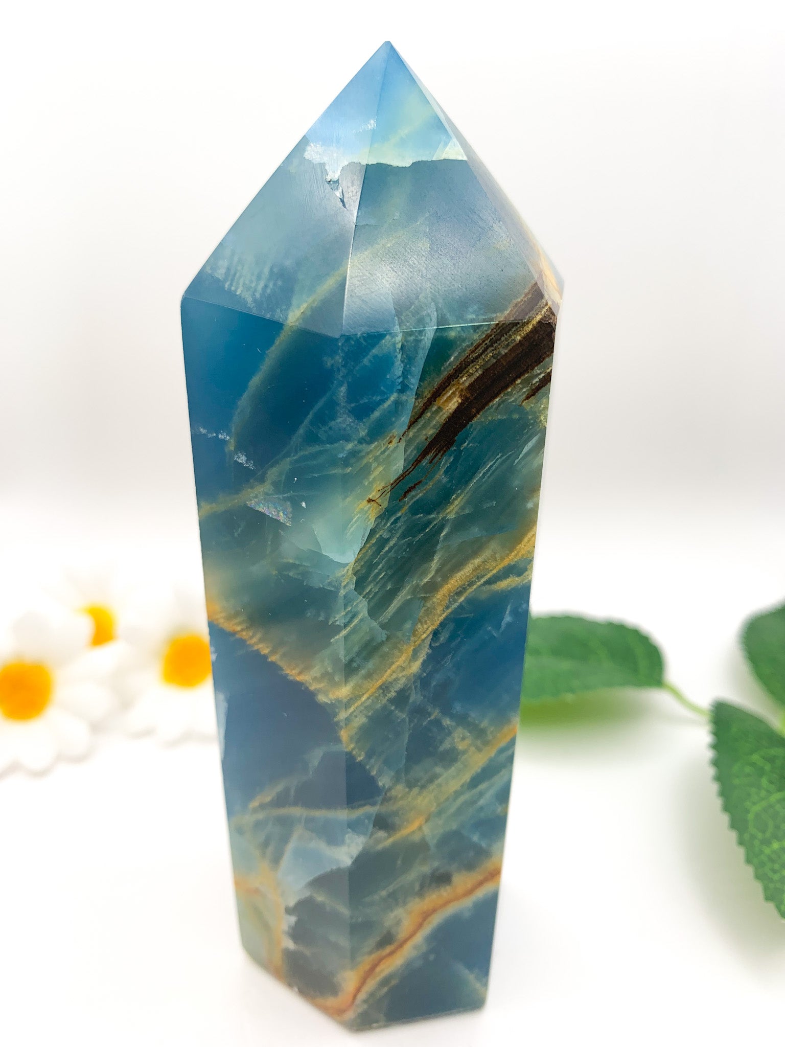 Lemurian Aquatine Calcite Tower/ Argentinian Blue Onyx (Rare) - Crystal Love Treasures
