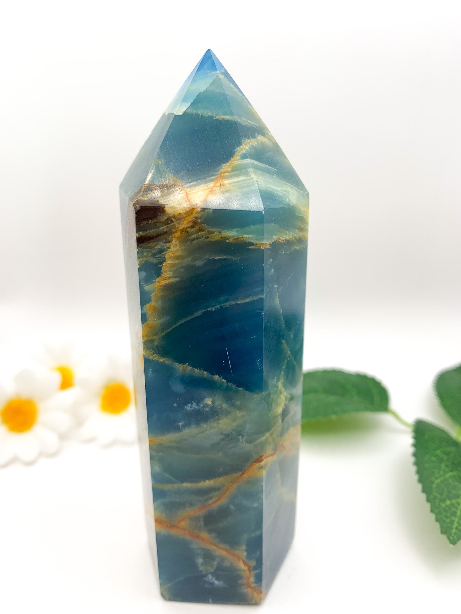Lemurian Aquatine Calcite Tower/ Argentinian Blue Onyx (Rare) - Crystal Love Treasures