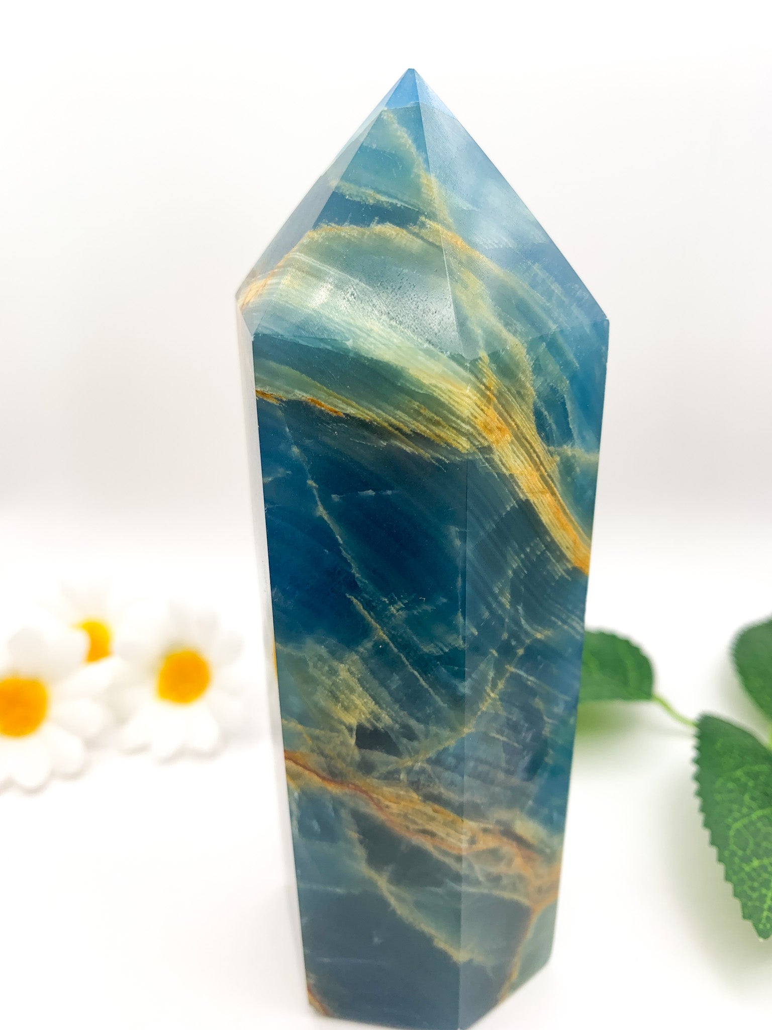 Lemurian Aquatine Calcite Tower/ Argentinian Blue Onyx (Rare) - Crystal Love Treasures