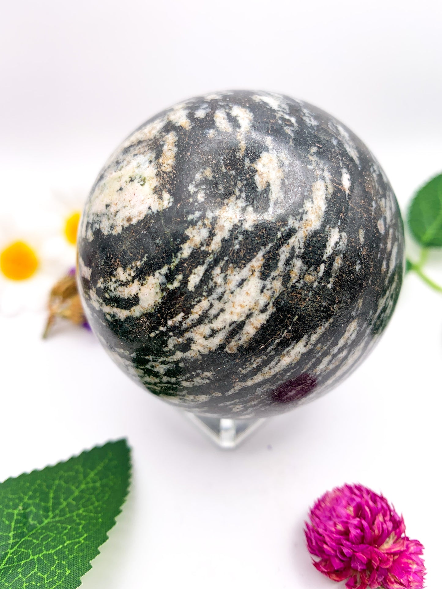 black rhodonite sphere