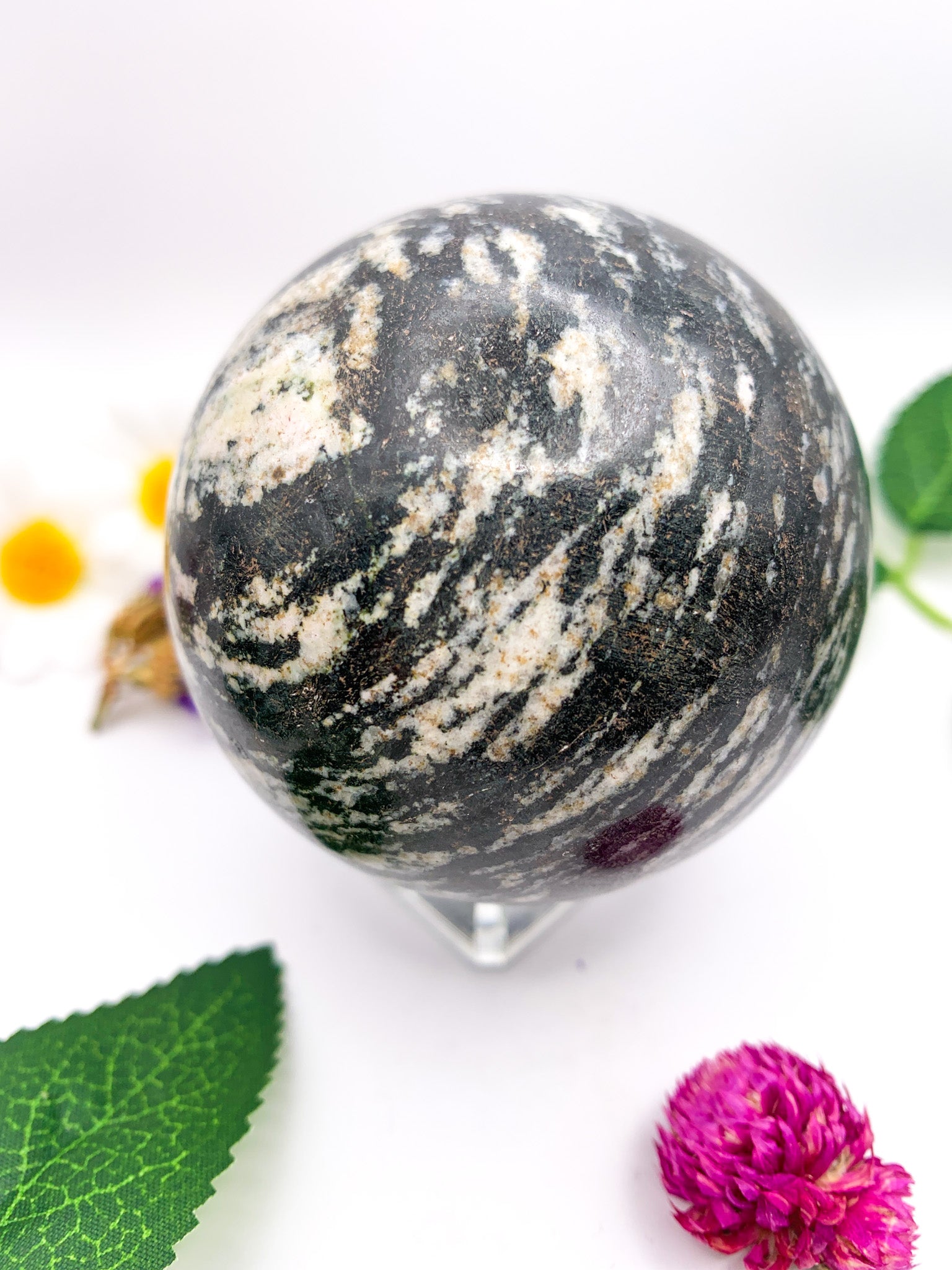 black rhodonite sphere
