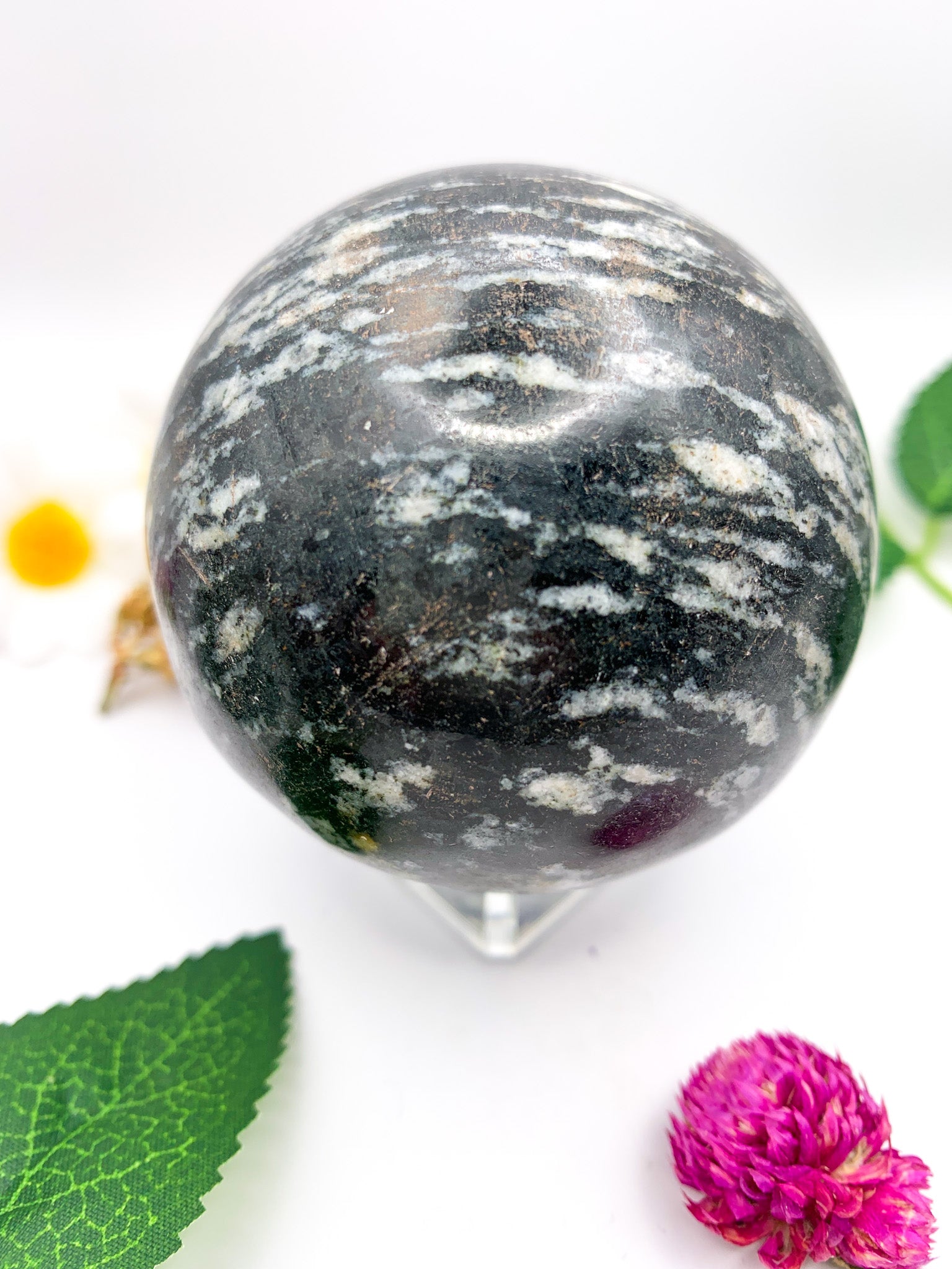 black rhodonite sphere