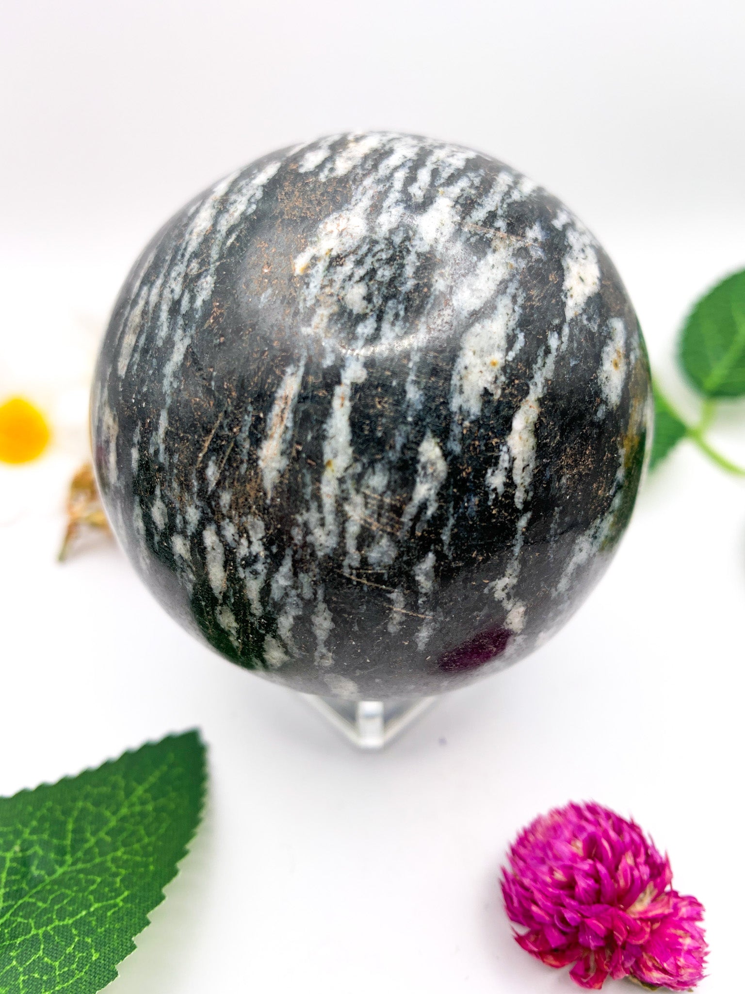 black rhodonite sphere