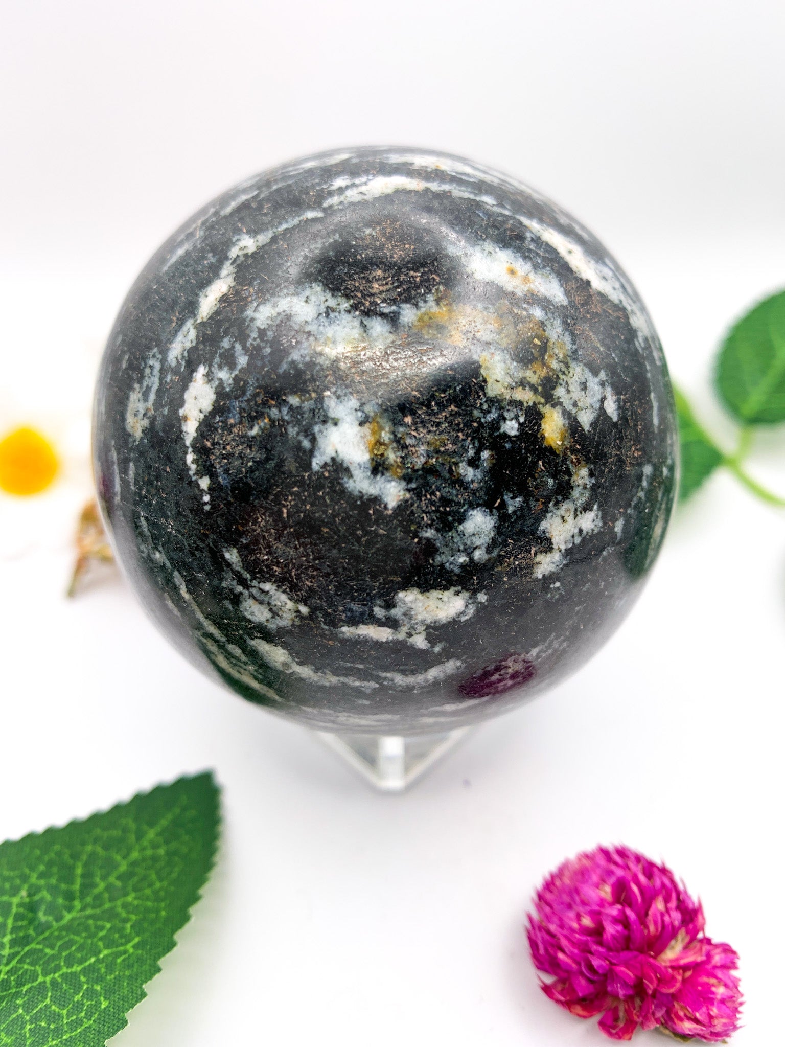 black rhodonite sphere