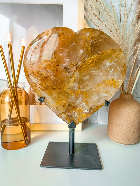 XL Dendritic Golden Healer Heart with Custom Stand