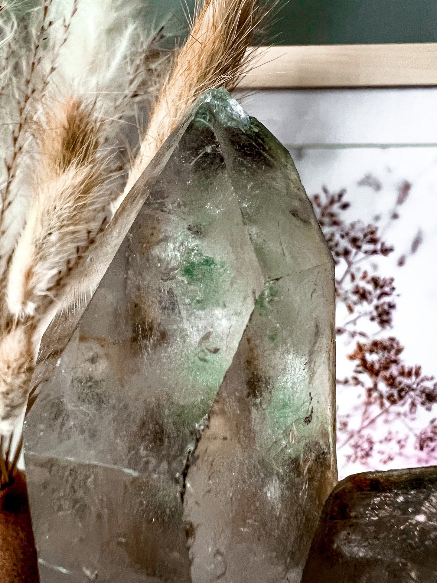 Raw Lemurian Quartz Crystal Point on Metal Stand