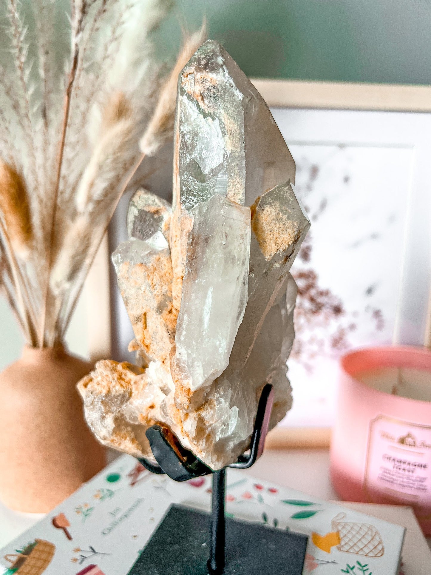 Raw Lemurian Quartz Crystal Point on Metal Stand