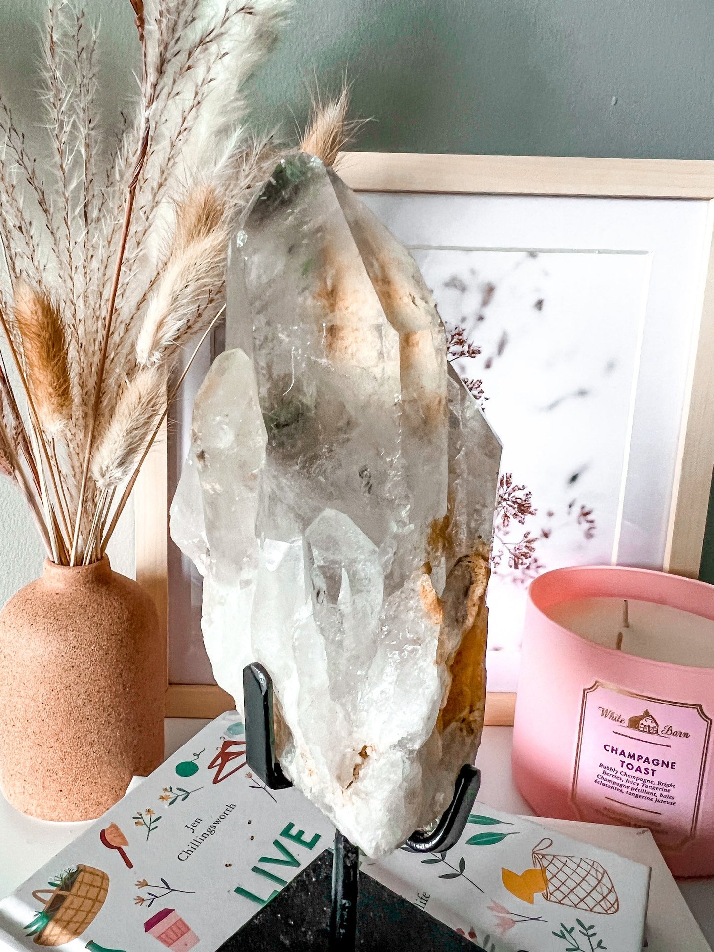 Raw Lemurian Quartz Crystal Point on Metal Stand