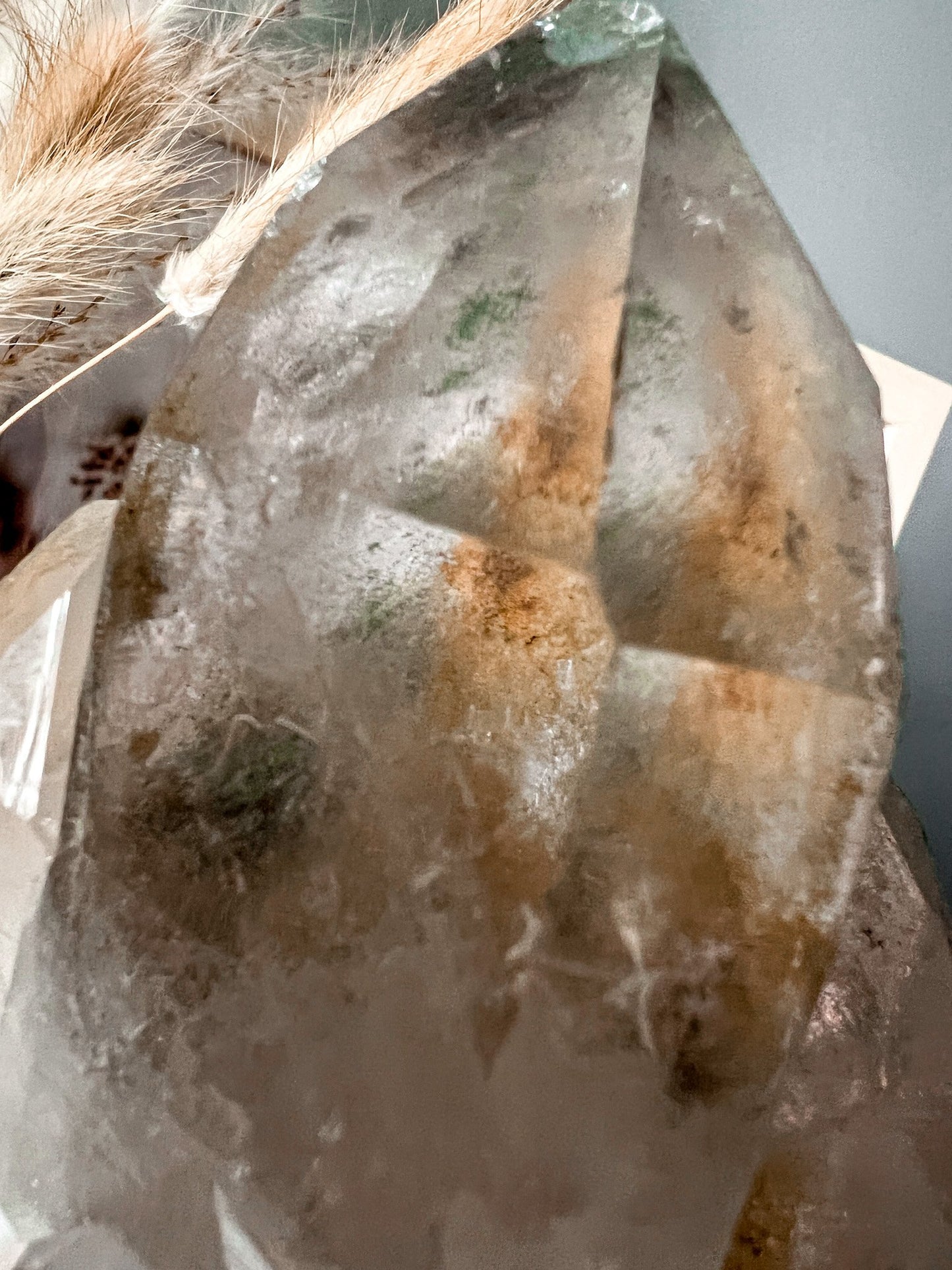 Raw Lemurian Quartz Crystal Point on Metal Stand